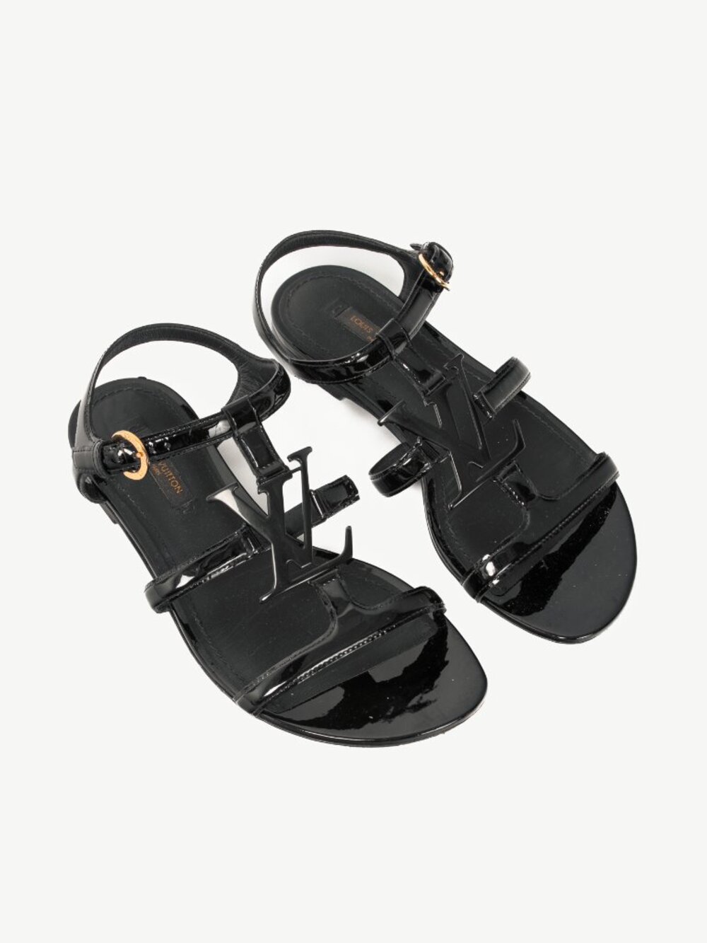 Louis Vuitton Black Patent Leather LV Flat Sandals